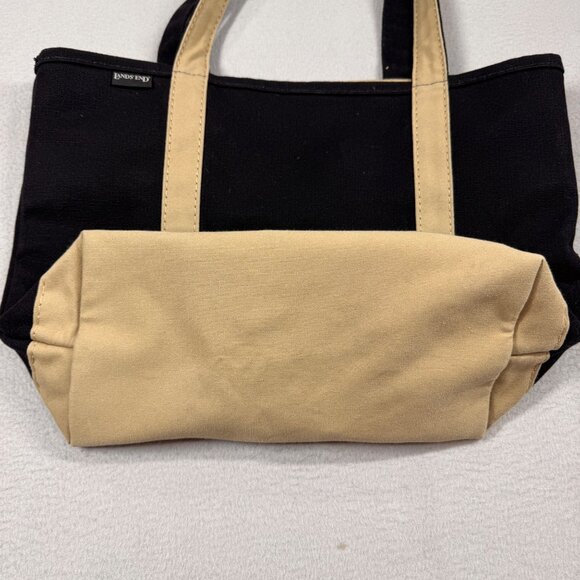 Vintage Lands End Tote Bag Black Canvas Boat Beach Blank Name Tag Key Clip - Picture 3 of 7